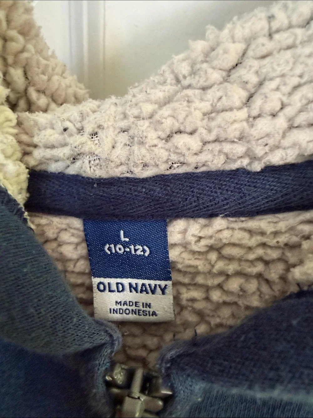 Old Navy Navy Blue Zip-Up Sherpa Hoodie with Red Lettering